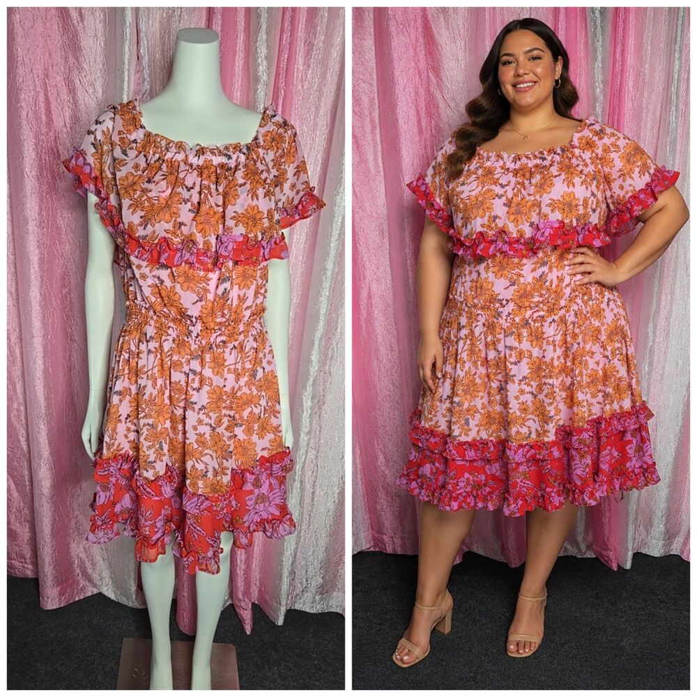 Jessica Simpson Boho Pink Orange Off Shoulder Amelia Ruffles Dress Size 1X